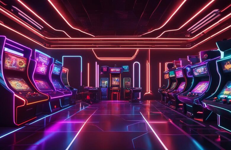 A vibrant gaming room with neon lights and an array of game machines, perfect for crypto enthusiasts and gamers passionate about NFTs.