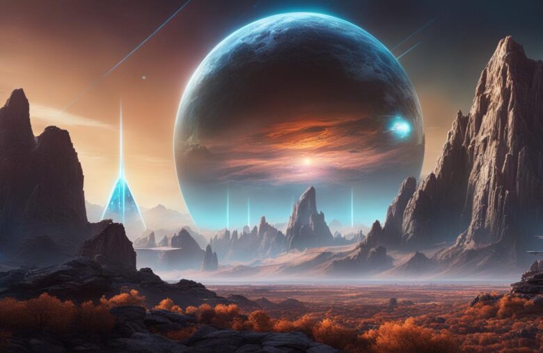 A futuristic landscape featuring a planet in the background, perfect for NFT collectors or gamers interested in crypto.